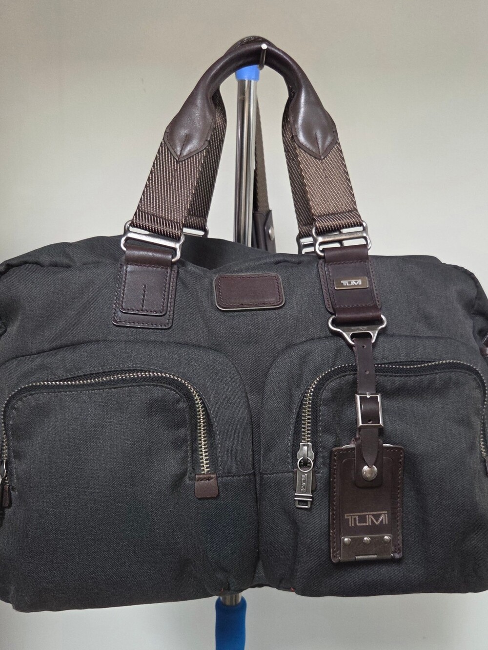 TUMI Alpha Bravo Everett Essential Gray Canvas Duffel Travel Bag Leather Trim